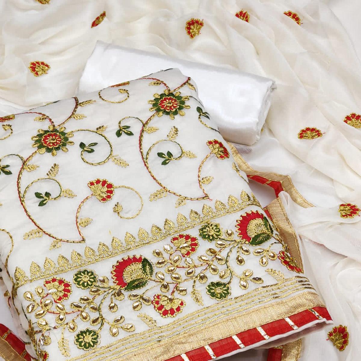 Off White Festive Wear Floral Embroidered Chanderi Dress Material - Peachmode