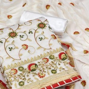 Off White Festive Wear Floral Embroidered Chanderi Dress Material - Peachmode