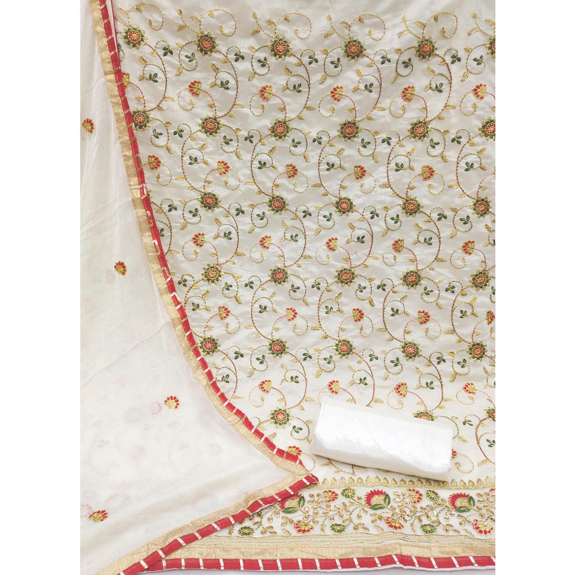 Off White Festive Wear Floral Embroidered Chanderi Dress Material - Peachmode