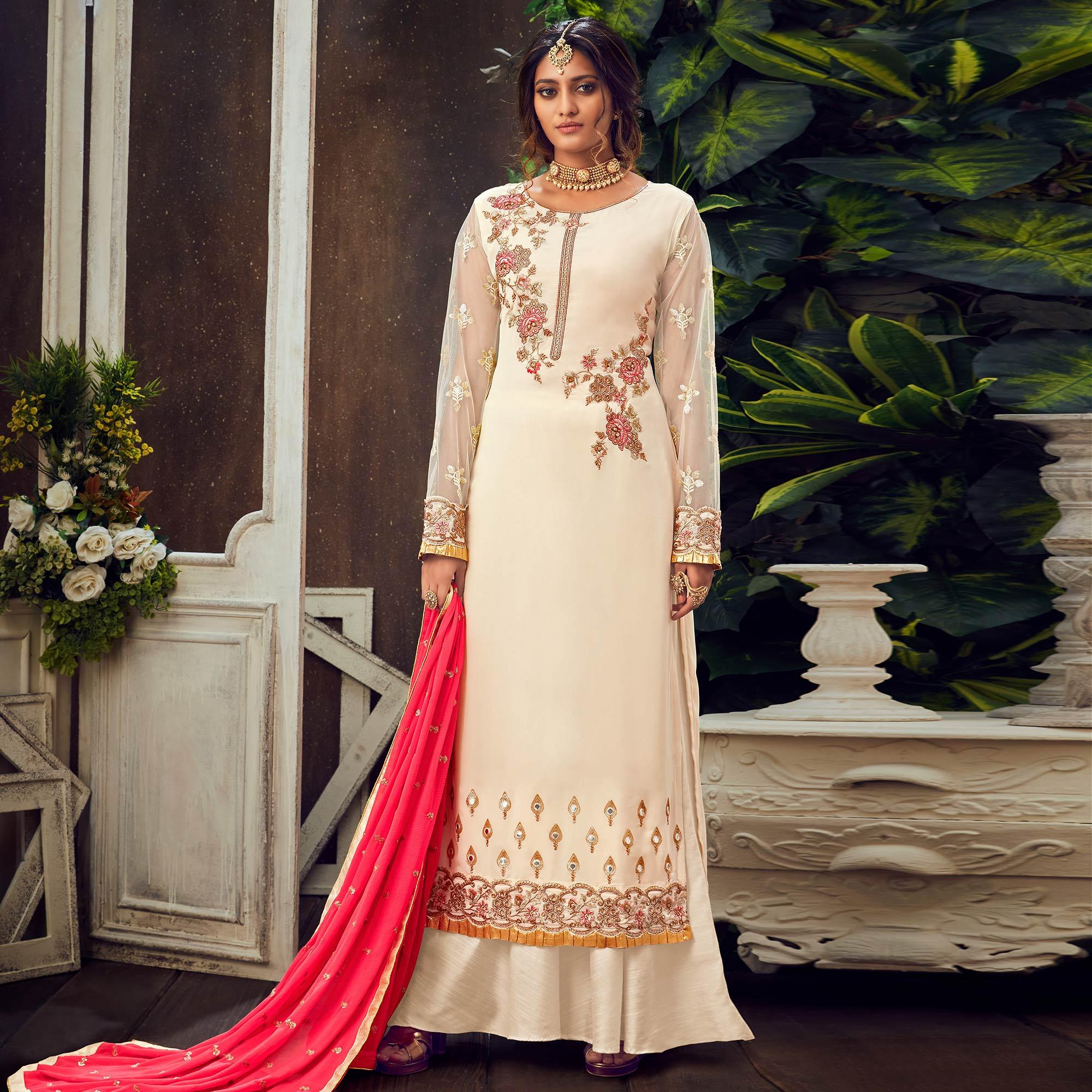 Off-White Festive Wear Floral Embroidered Pure Georgette Suit - Peachmode