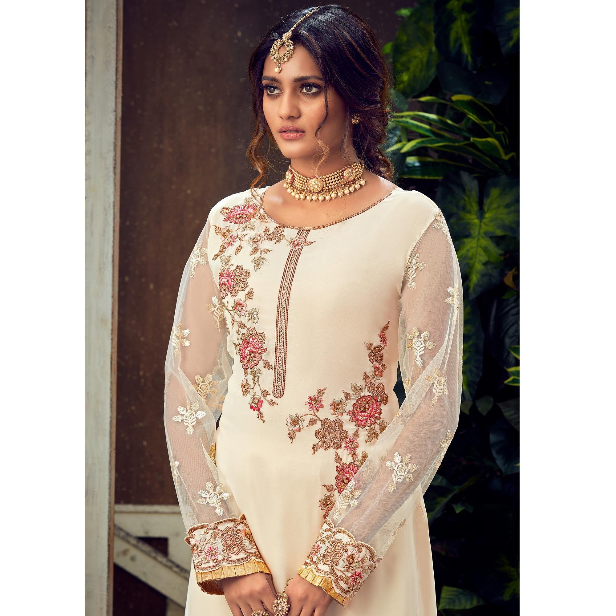 Off-White Festive Wear Floral Embroidered Pure Georgette Suit - Peachmode