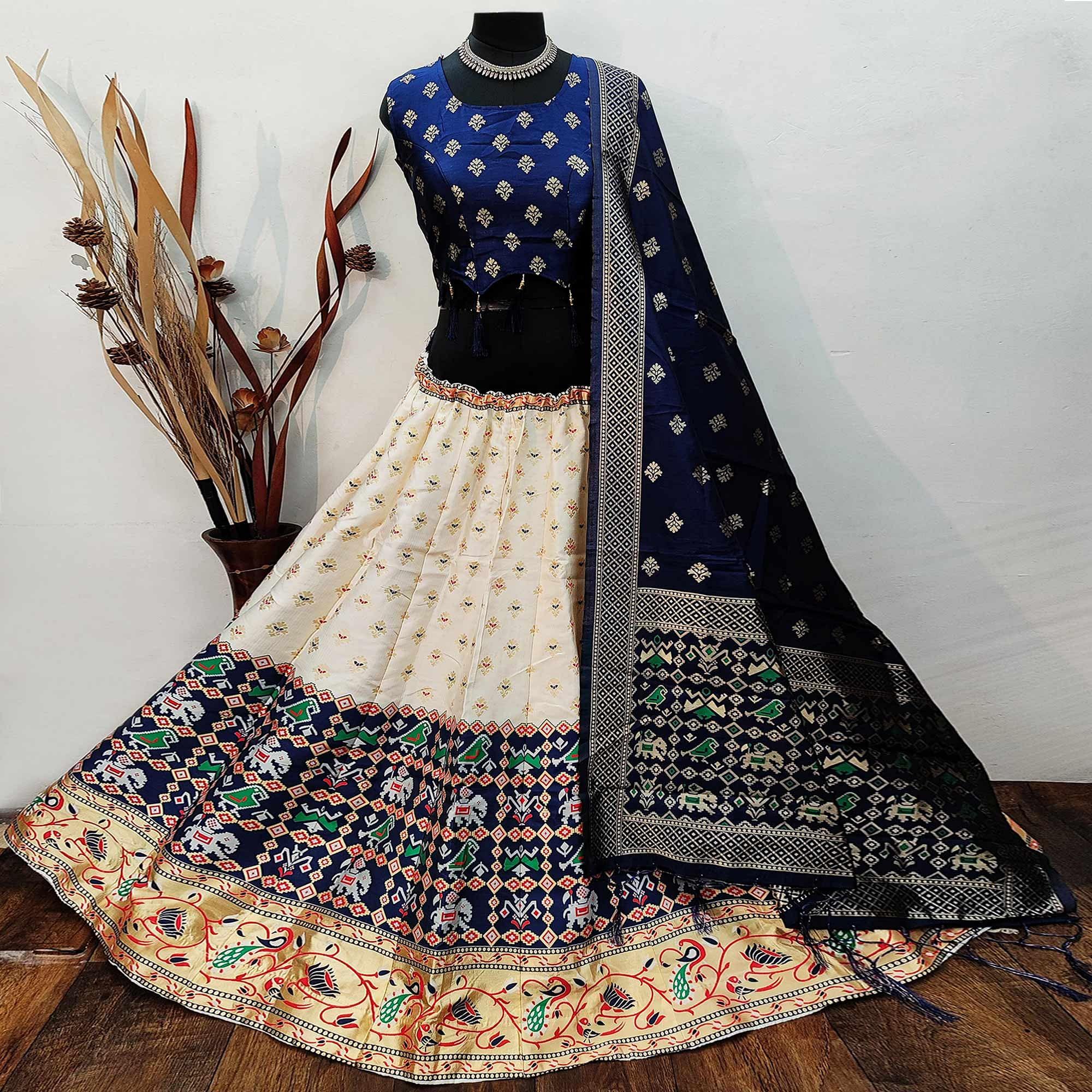 Off White Festive Wear Printed Brocade Lehenga Choli - Peachmode