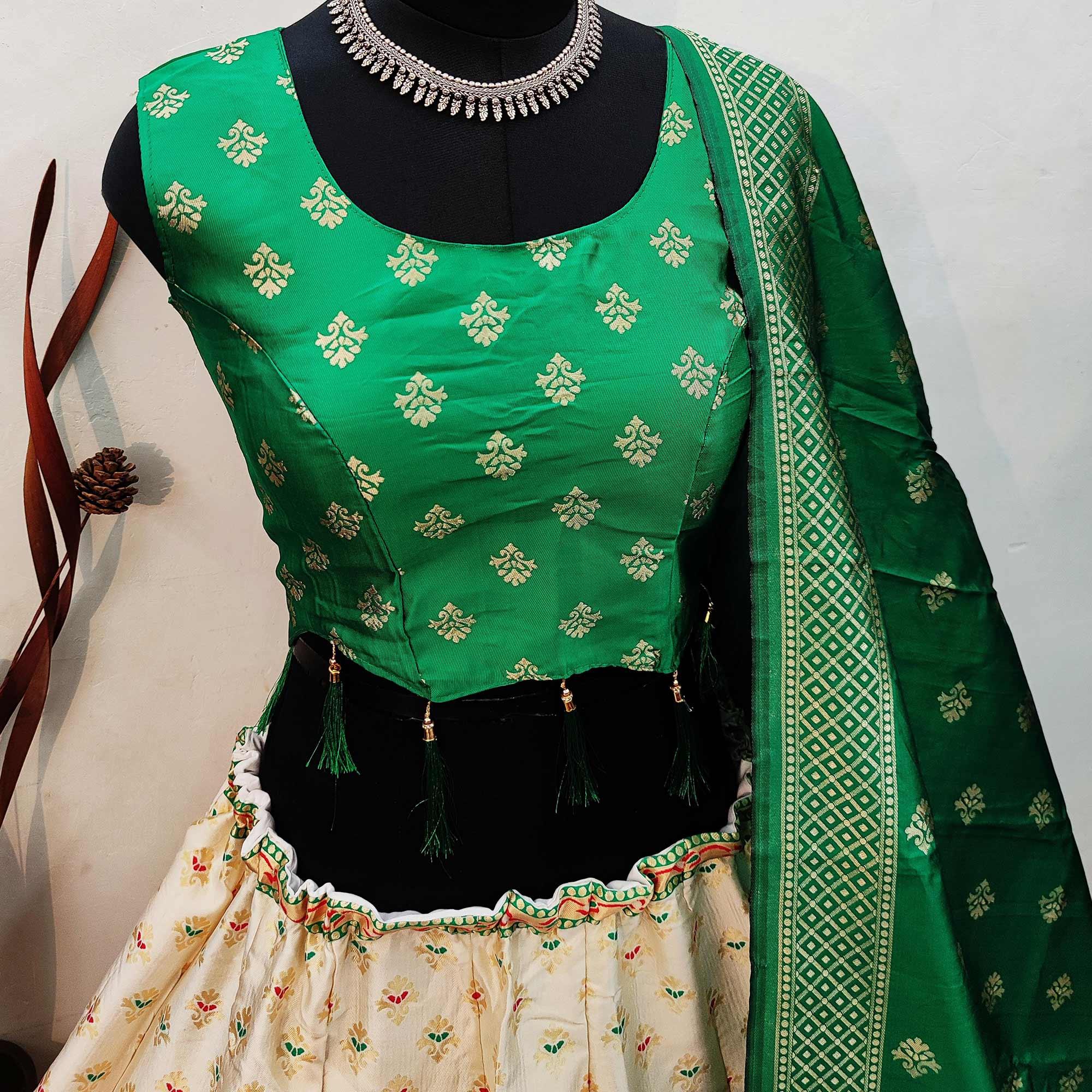 Off White Festive Wear Printed Brocade Lehenga Choli - Peachmode