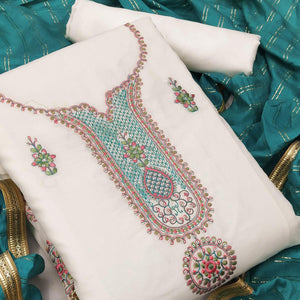 Off-White Festive Wear Sequence Embroidery With Handwork Modal Chanderi Dress Material - Peachmode