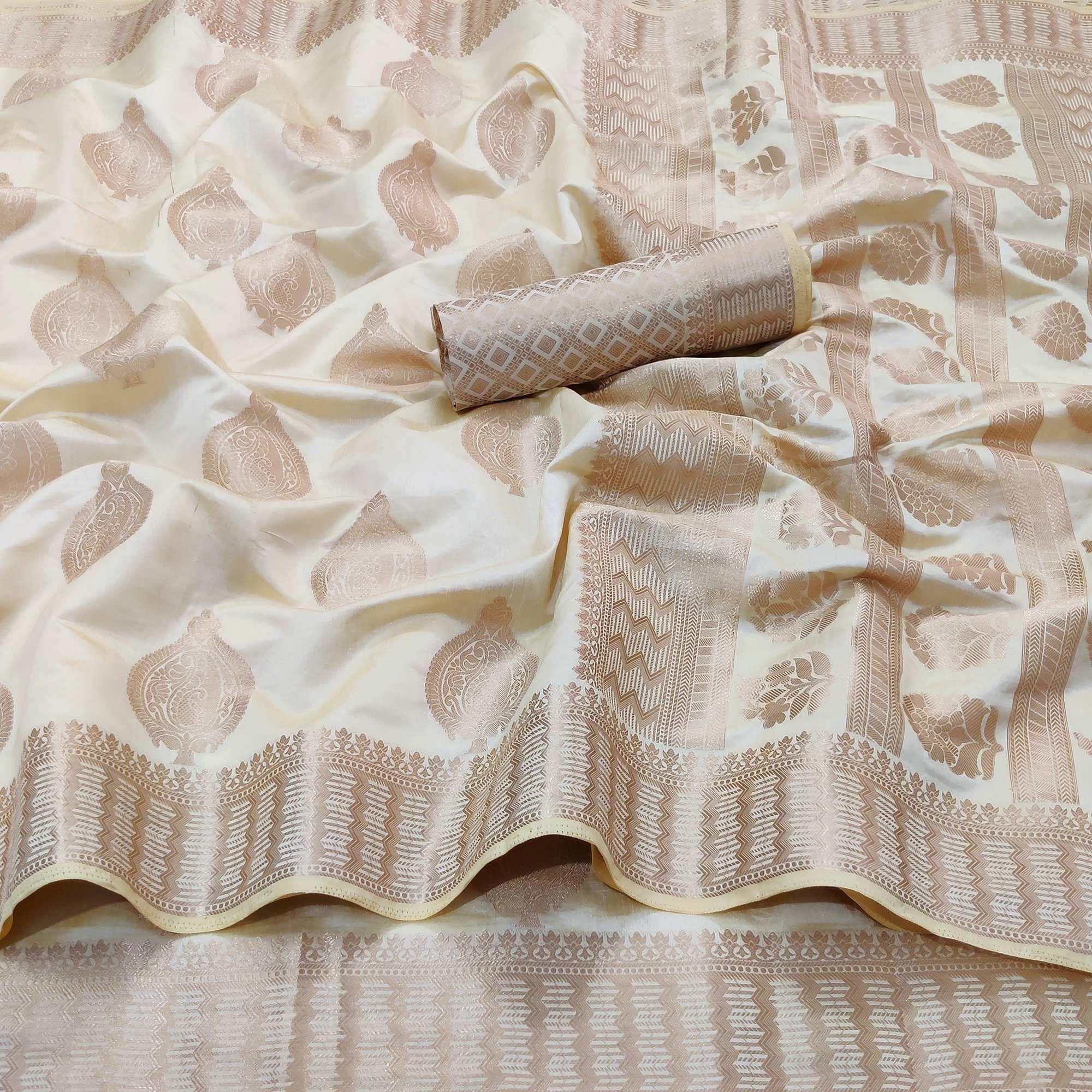 Off-White Festive Wear Soft Jari Woven Art Silk Saree - Peachmode