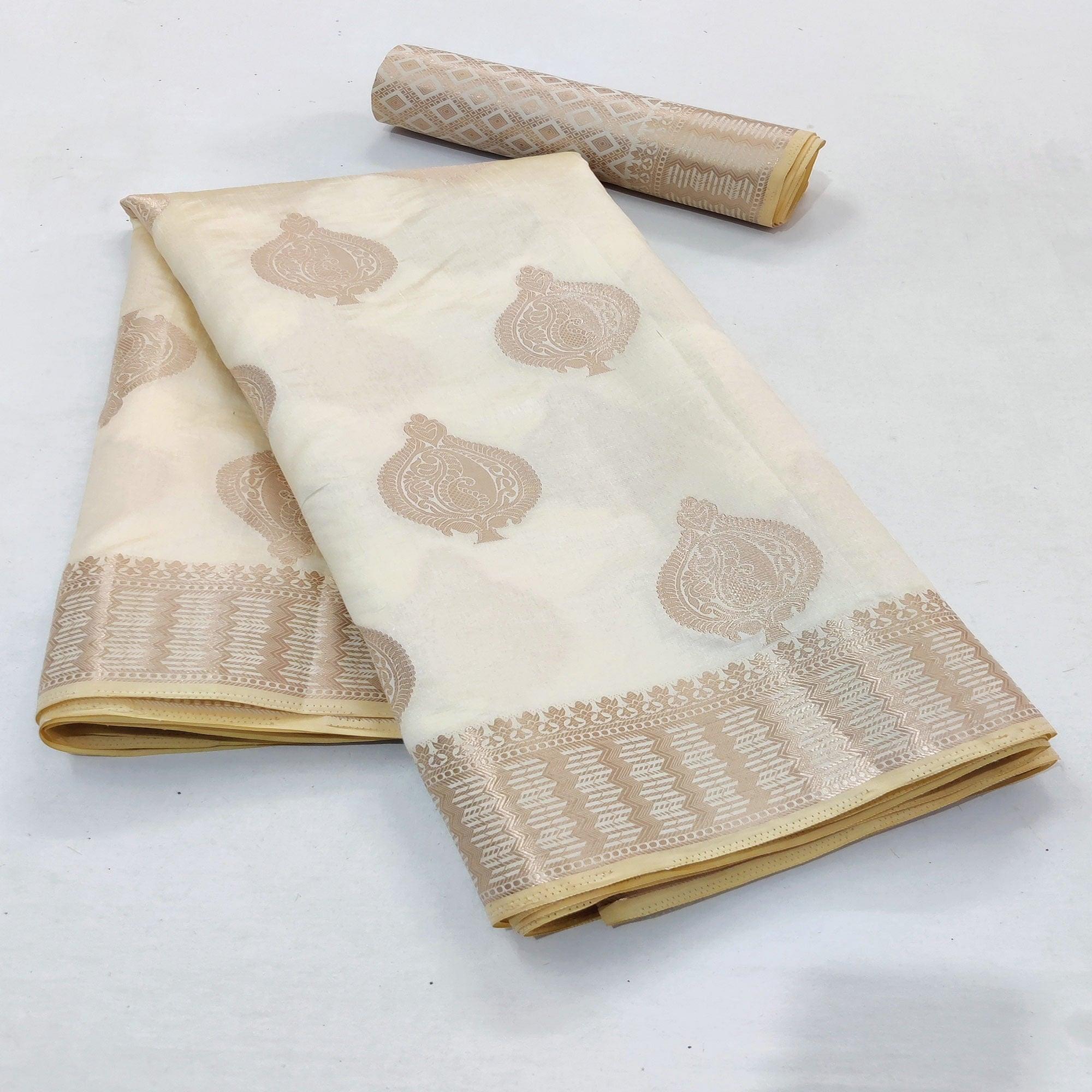 Off-White Festive Wear Soft Jari Woven Art Silk Saree - Peachmode