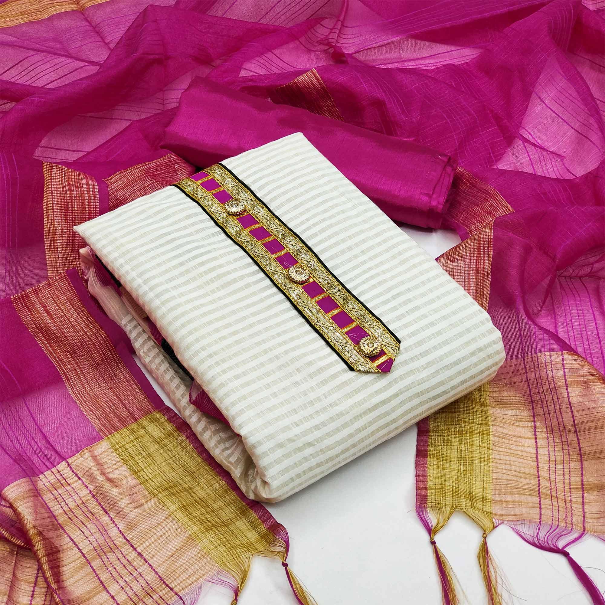 Off-White Festive Wear Woven Banarasi Silk Jacquard Dress Material - Peachmode