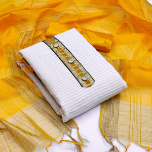 Off-White Festive Wear Woven Banarasi Silk Jacquard Dress Material - Peachmode