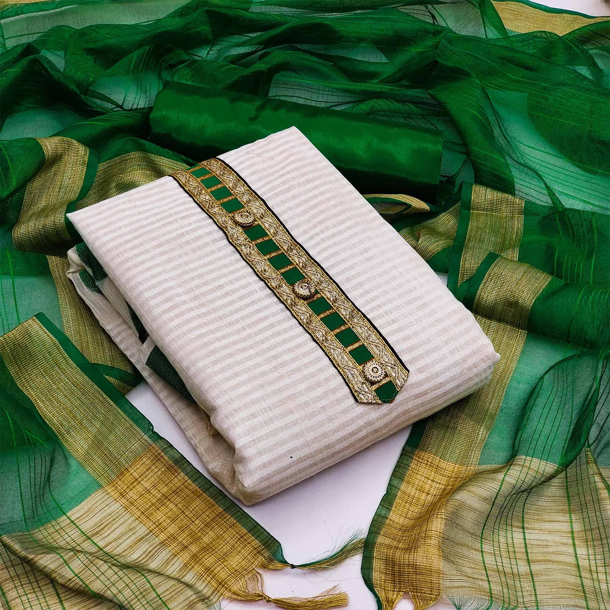 Off-White Festive Wear Woven Banarasi Silk Jacquard Dress Material - Peachmode