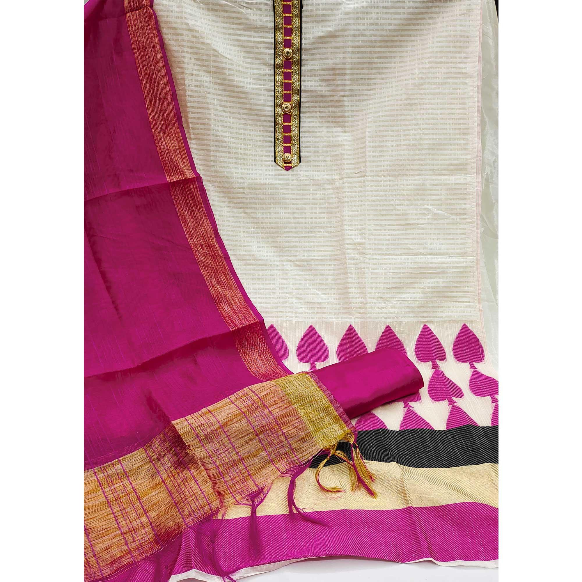 Off-White Festive Wear Woven Banarasi Silk Jacquard Dress Material - Peachmode