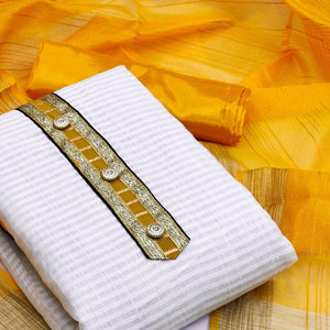 Off-White Festive Wear Woven Banarasi Silk Jacquard Dress Material - Peachmode