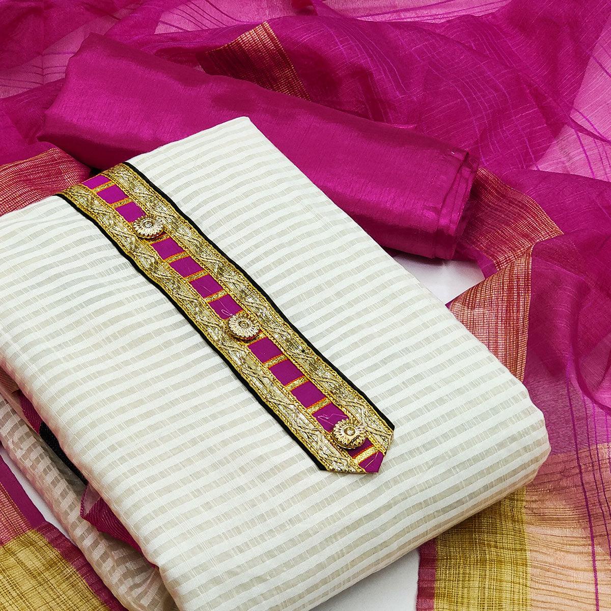 Off-White Festive Wear Woven Banarasi Silk Jacquard Dress Material - Peachmode