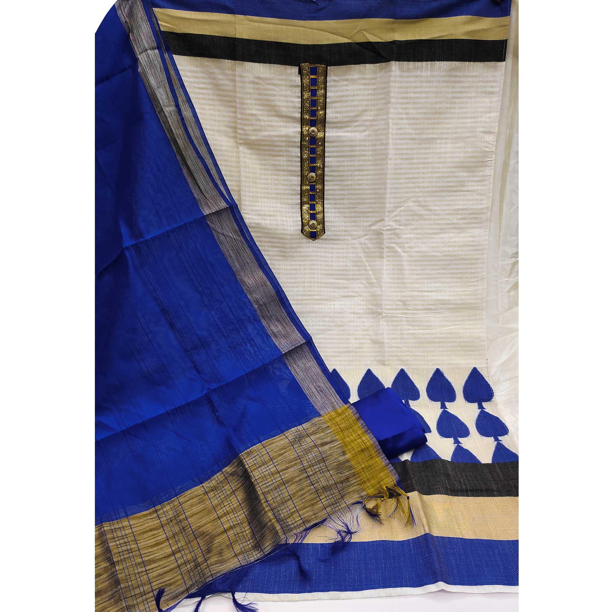 Off-White Festive Wear Woven Banarasi Silk Jacquard Dress Material - Peachmode