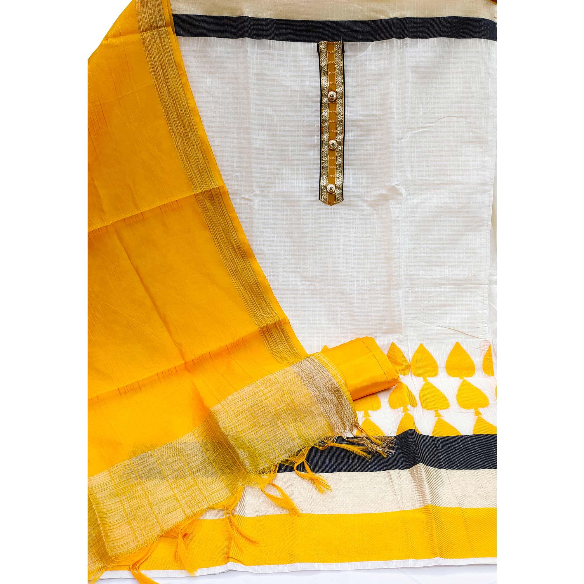 Off-White Festive Wear Woven Banarasi Silk Jacquard Dress Material - Peachmode