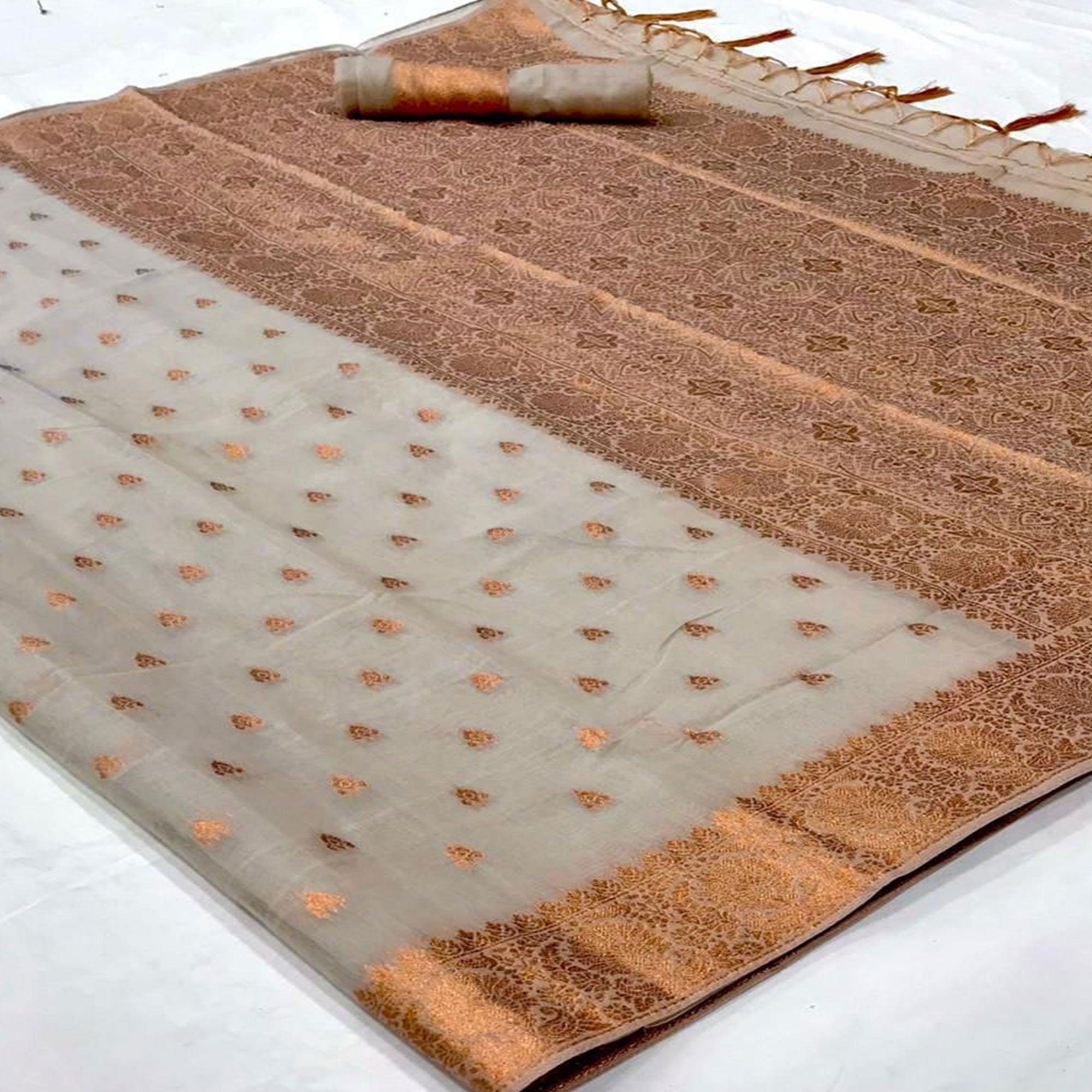 Off White Festive Wear Woven Cotton Saree - Peachmode