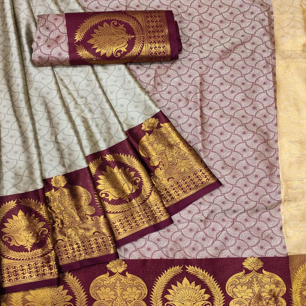 Off-White Festive Wear Woven Cotton Saree - Peachmode