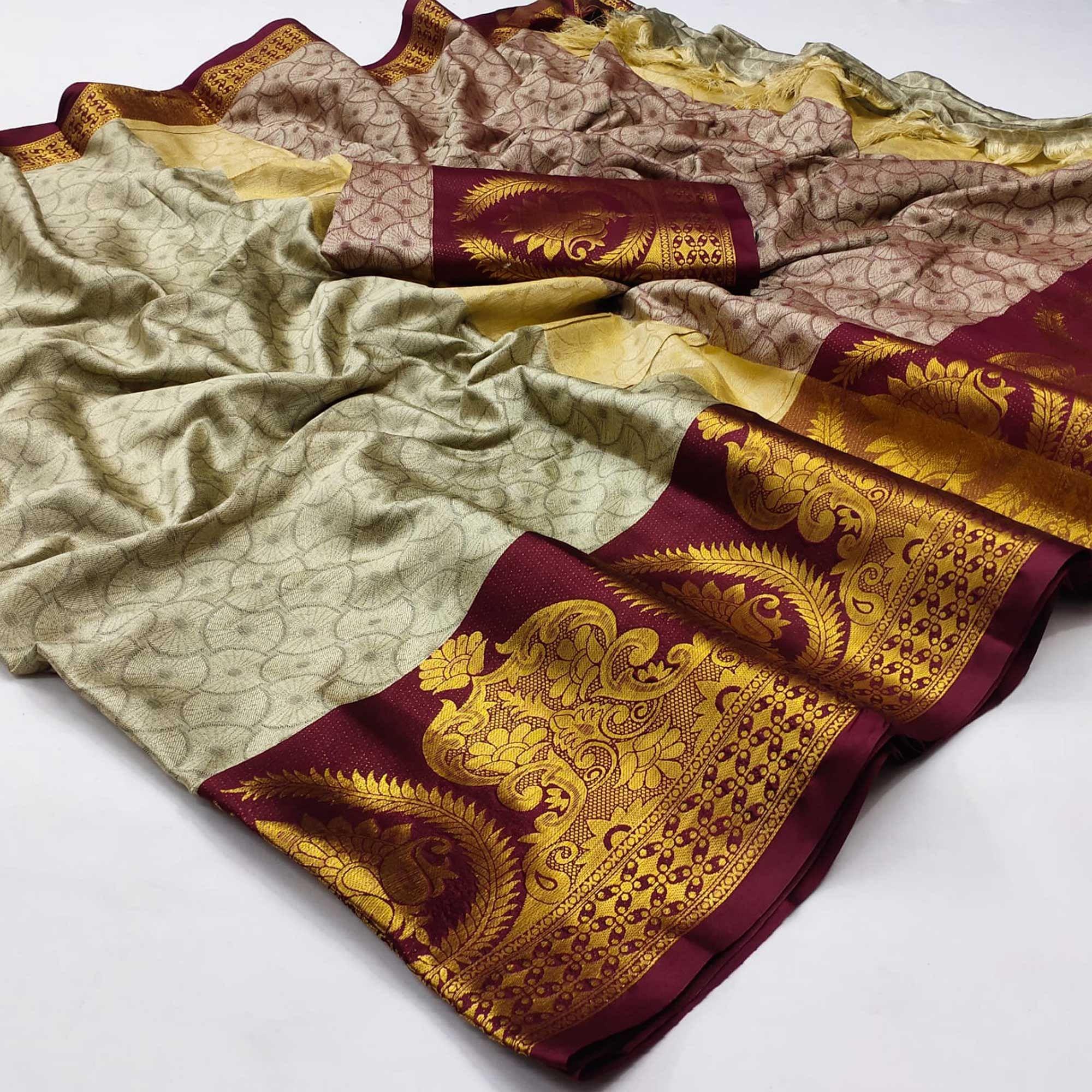 Off-White Festive Wear Woven Cotton Saree - Peachmode