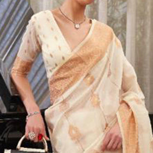 Off White Festive Wear Woven Linen Saree - Peachmode