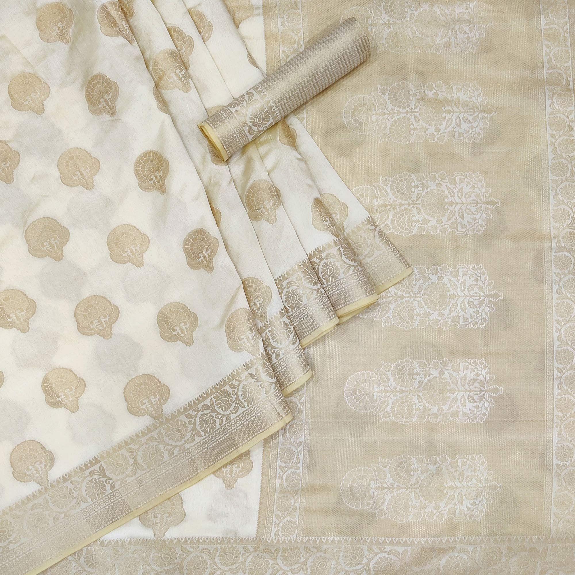 Off-White Festive Wear Woven Raw Silk Saree - Peachmode