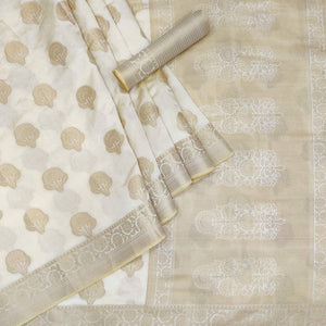 Off-White Festive Wear Woven Raw Silk Saree - Peachmode