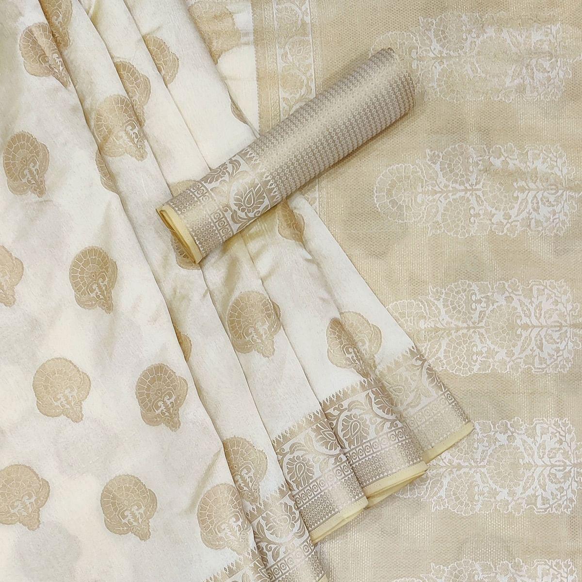 Off-White Festive Wear Woven Raw Silk Saree - Peachmode