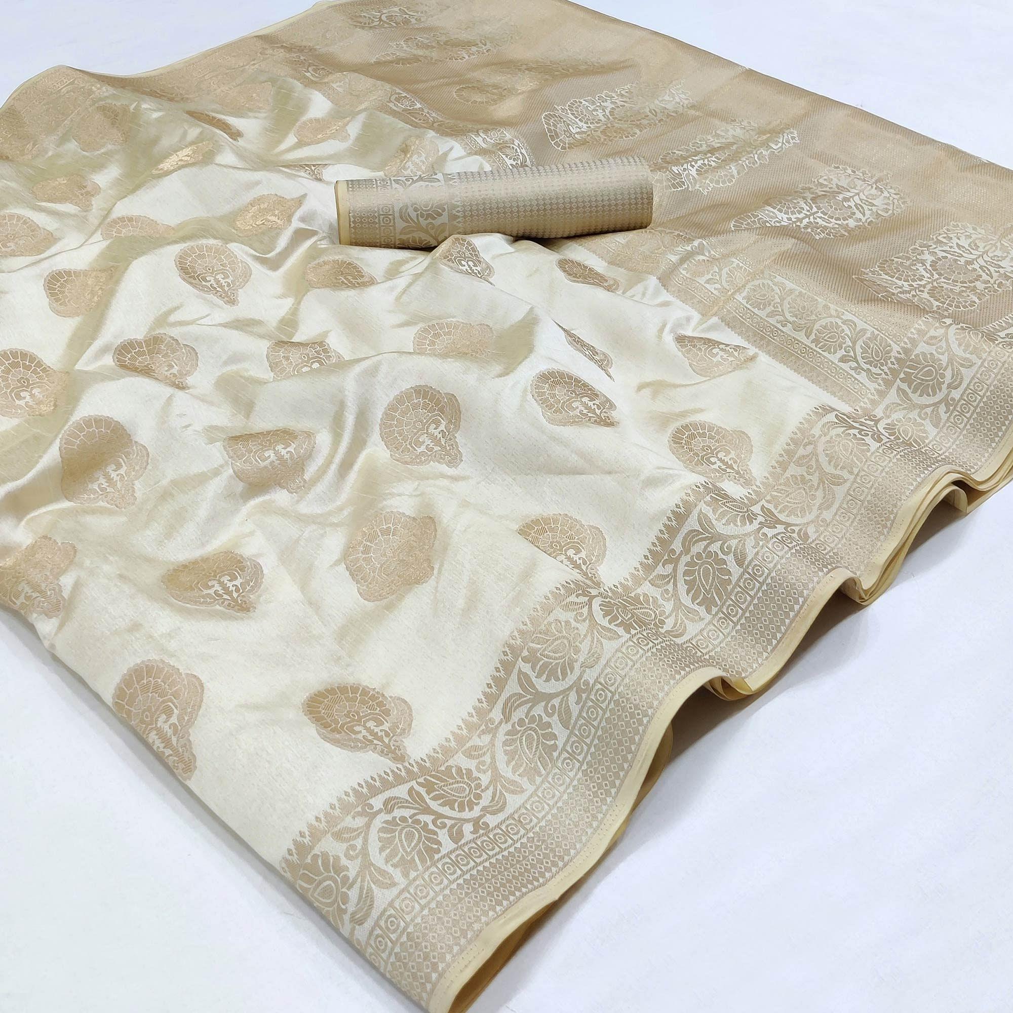 Off-White Festive Wear Woven Raw Silk Saree - Peachmode