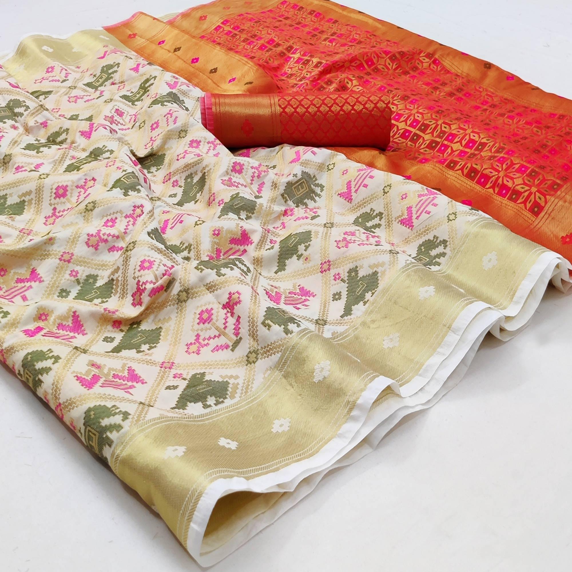 Off White Festive Wear Woven Soft Silk Saree - Peachmode