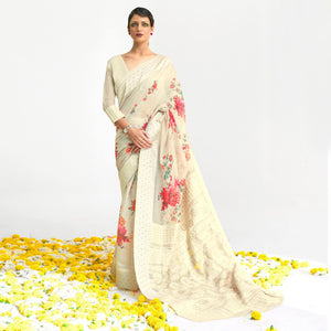 Off White Floral Digital Printed Chanderi Saree - Peachmode