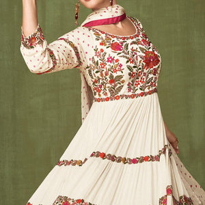 Off White Floral Embroidered Georgette Anarkali Style Gown - Peachmode