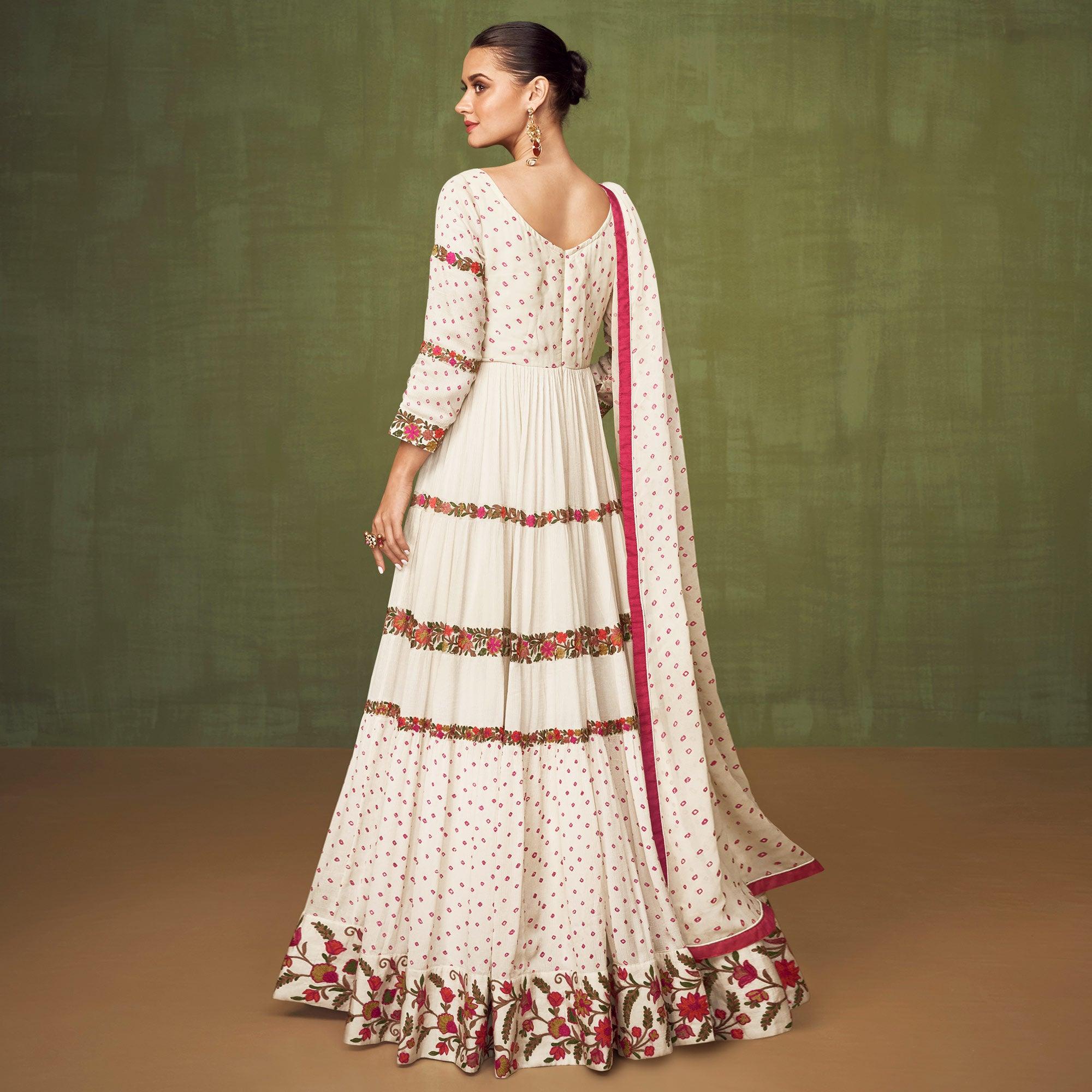 Off White Floral Embroidered Georgette Anarkali Style Gown - Peachmode