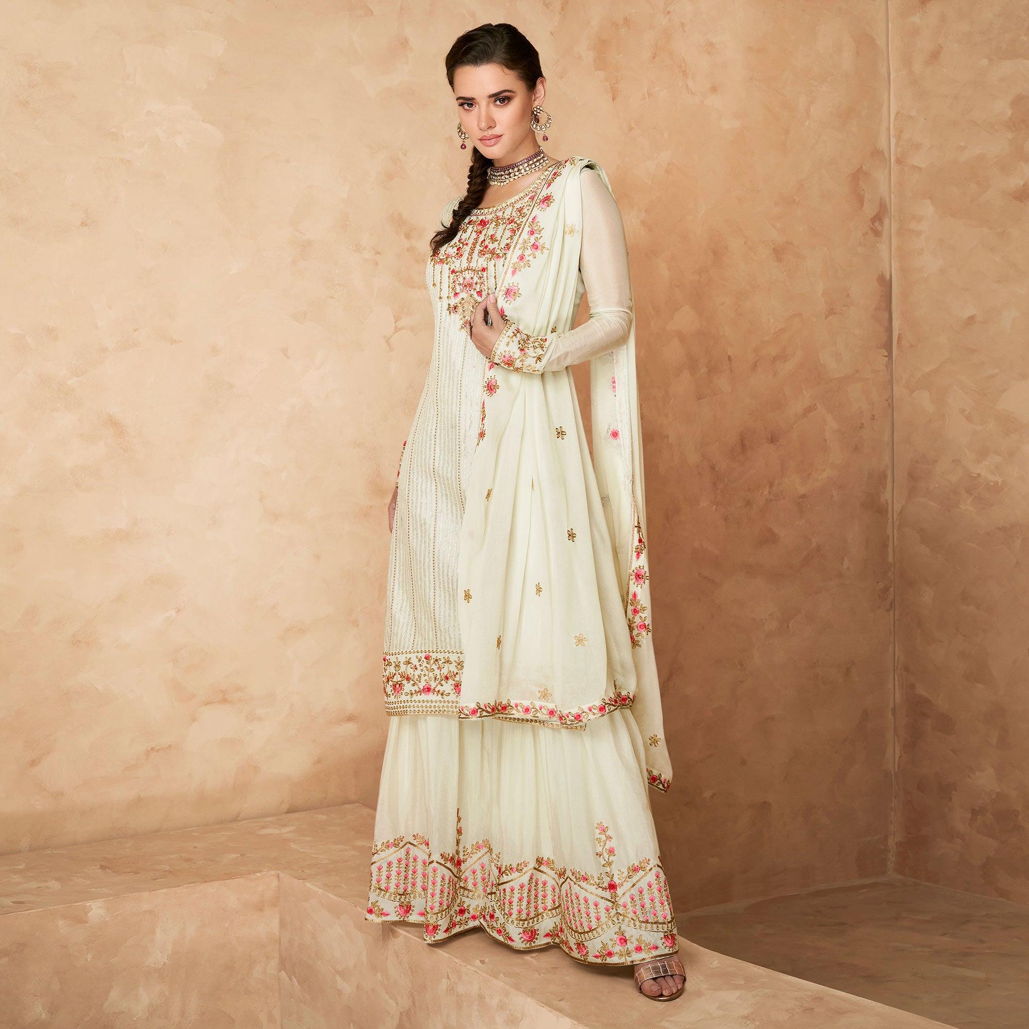 Off-White Floral Embroidered Georgette Partywear Palazzo Suit - Peachmode