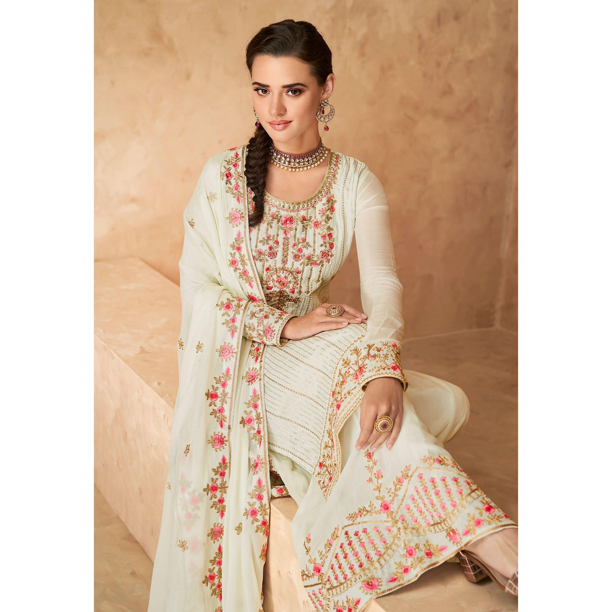 Off-White Floral Embroidered Georgette Partywear Palazzo Suit - Peachmode