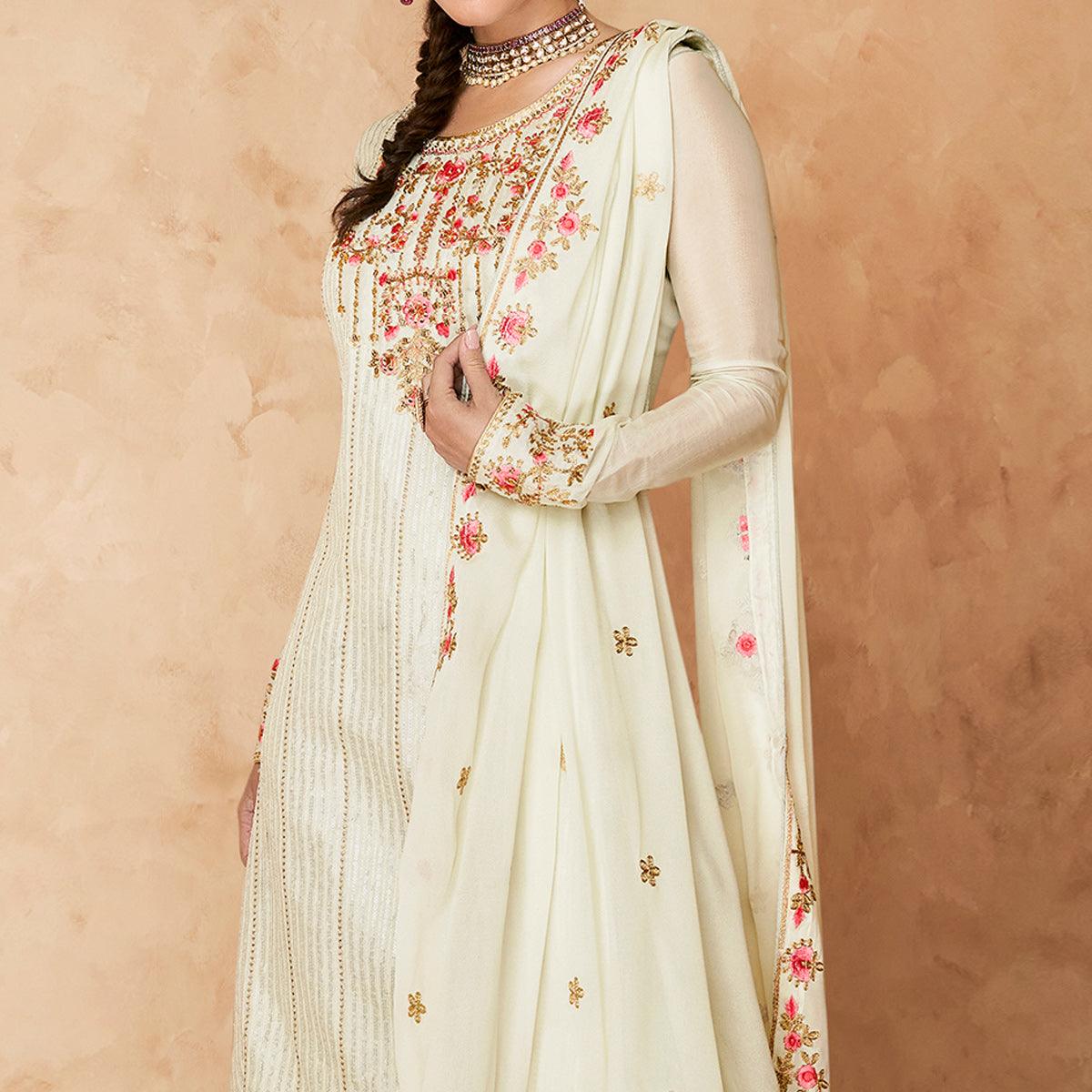 Off-White Floral Embroidered Georgette Partywear Palazzo Suit - Peachmode