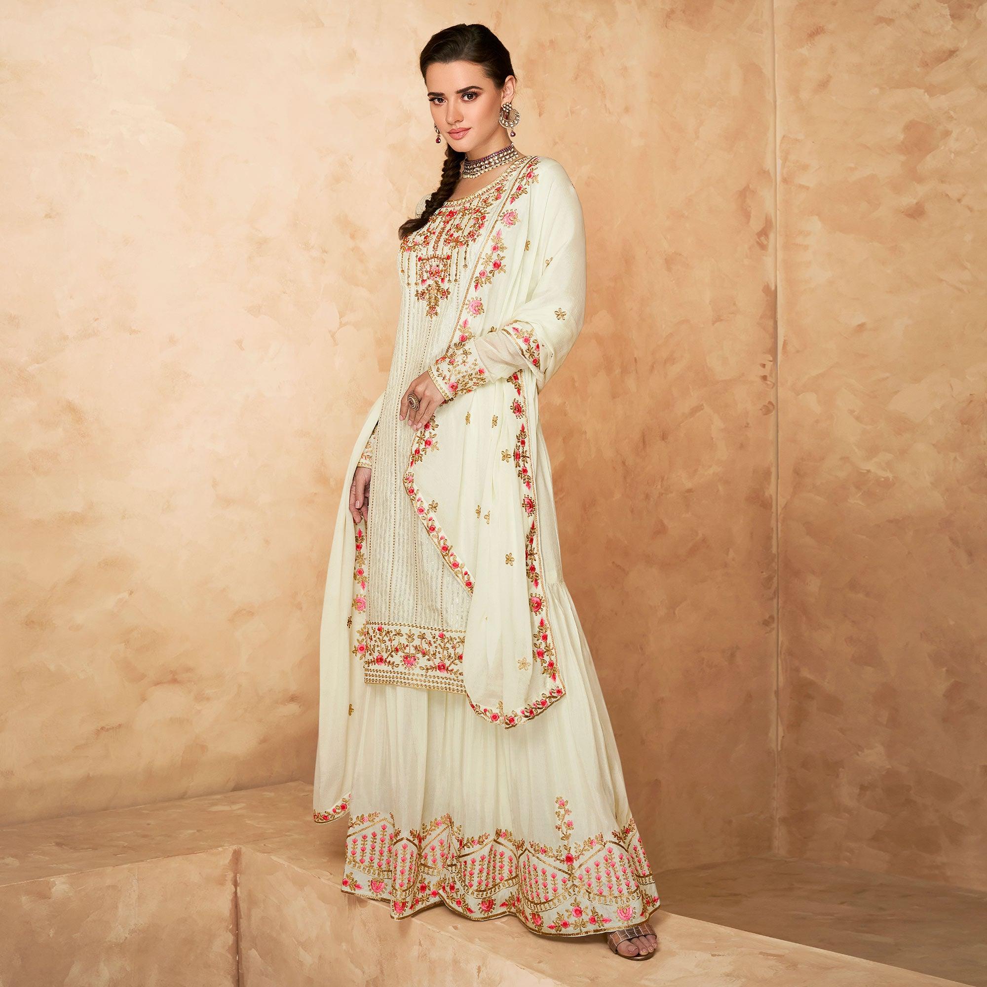Off-White Floral Embroidered Georgette Partywear Palazzo Suit - Peachmode