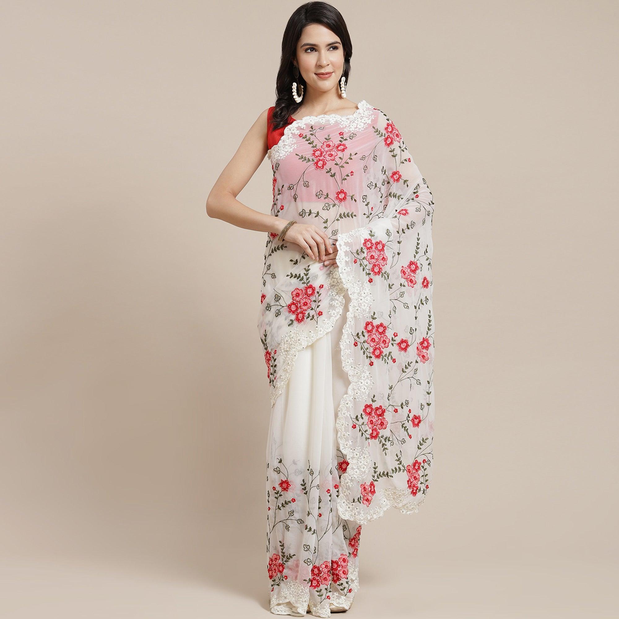 Off-White Floral Embroidered Georgette Saree - Peachmode