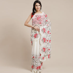 Off-White Floral Embroidered Georgette Saree - Peachmode