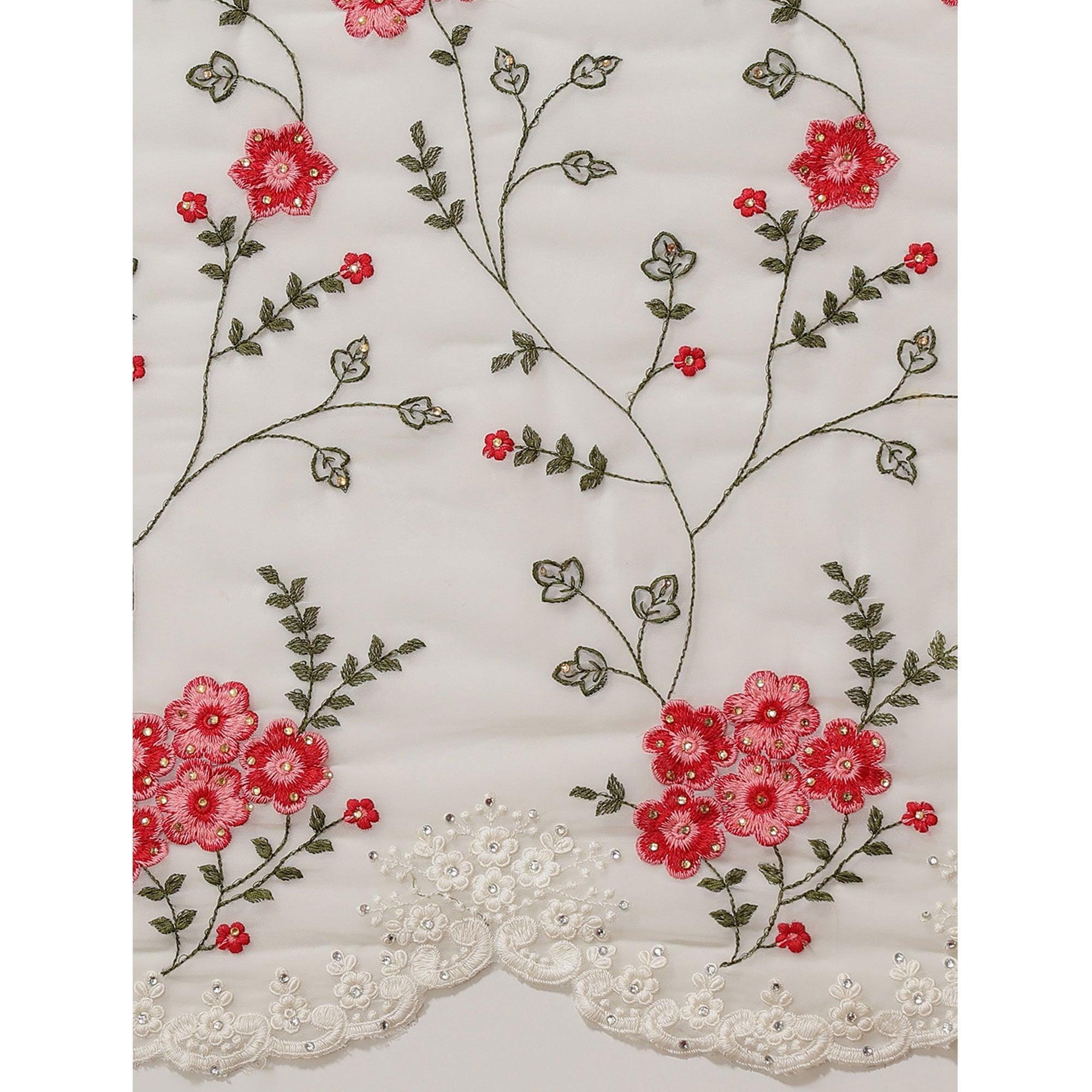 Off-White Floral Embroidered Georgette Saree - Peachmode