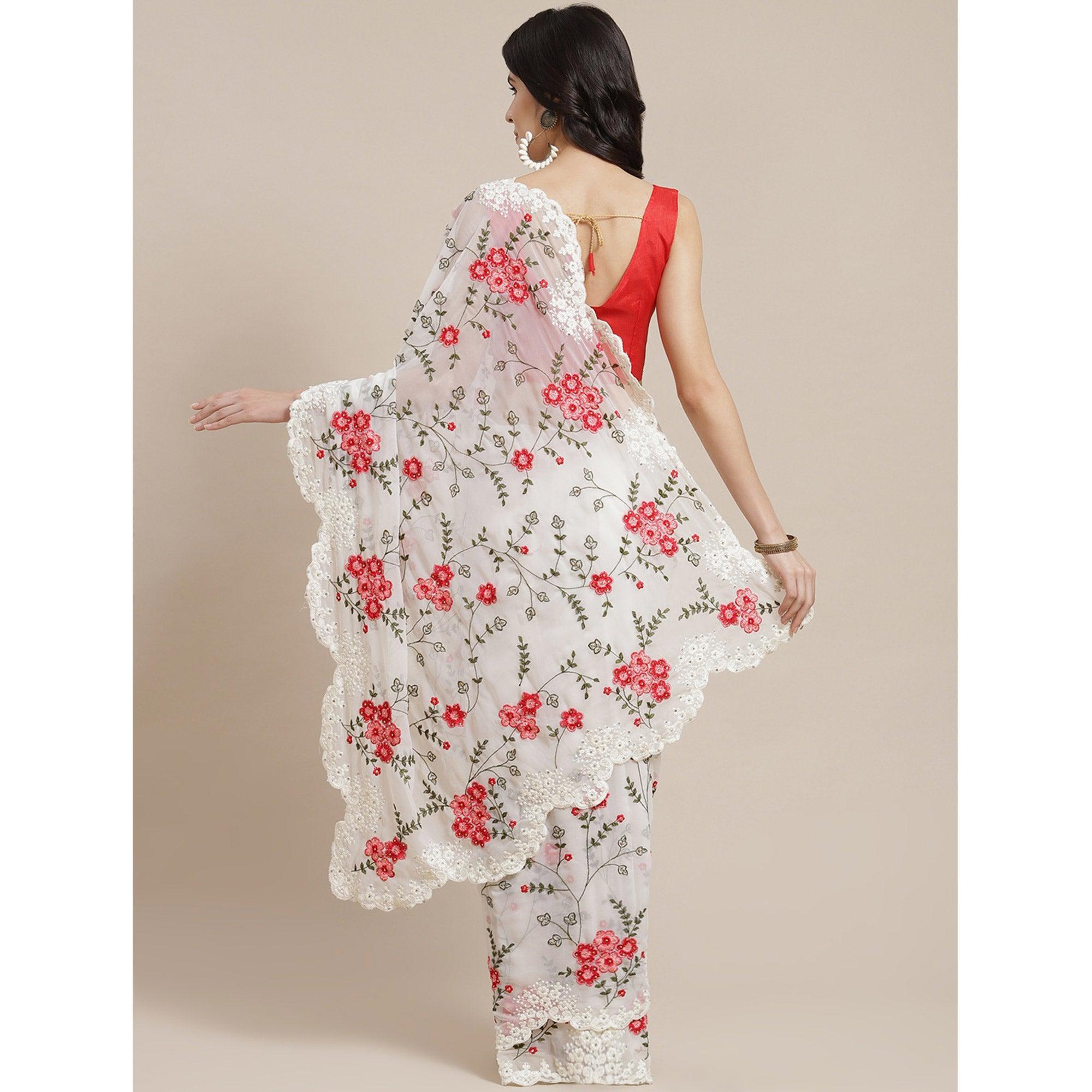 Off-White Floral Embroidered Georgette Saree - Peachmode