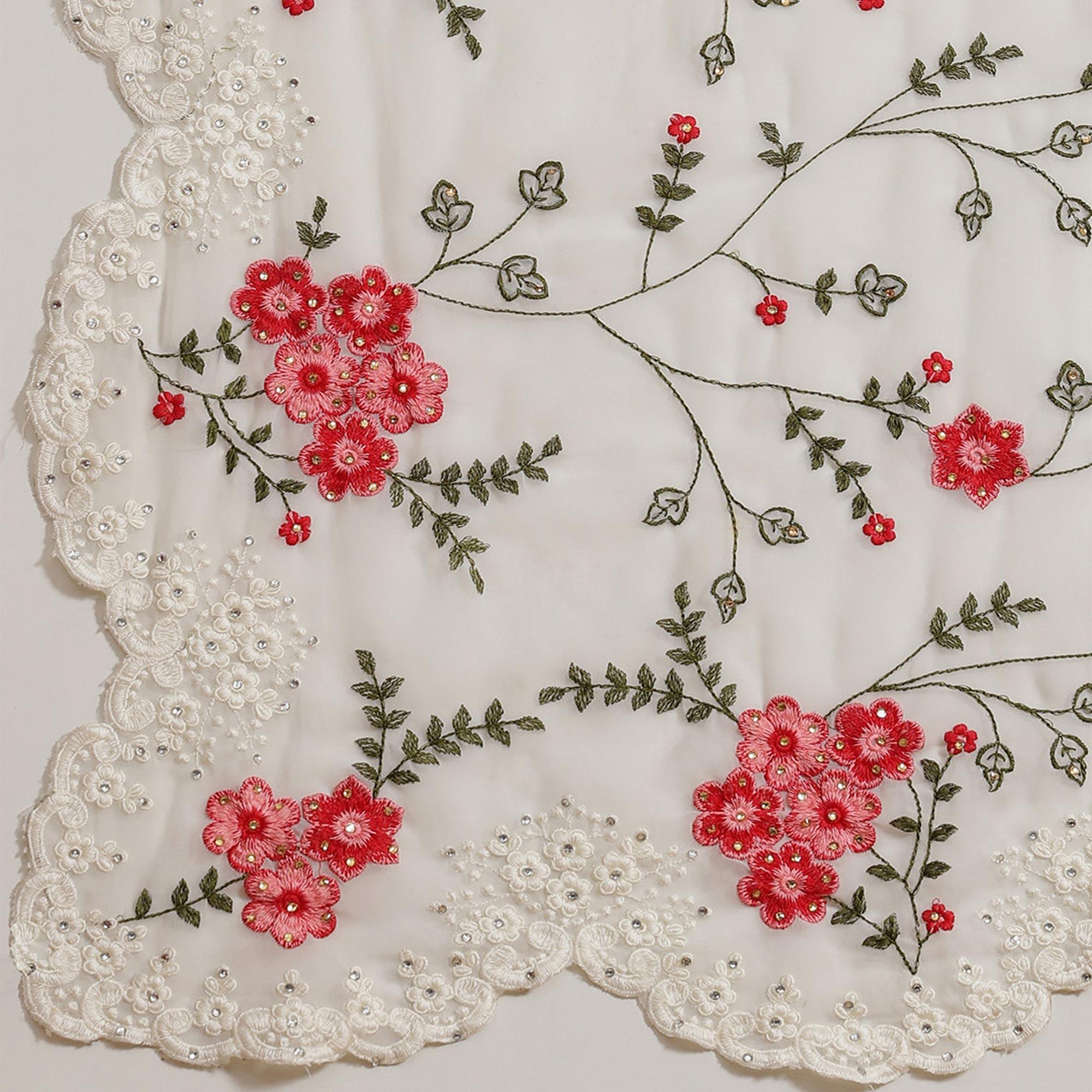 Off-White Floral Embroidered Georgette Saree - Peachmode