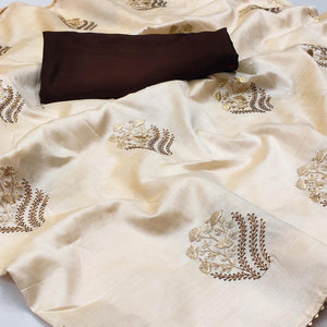 Off White Floral Embroidered Silk Saree - Peachmode