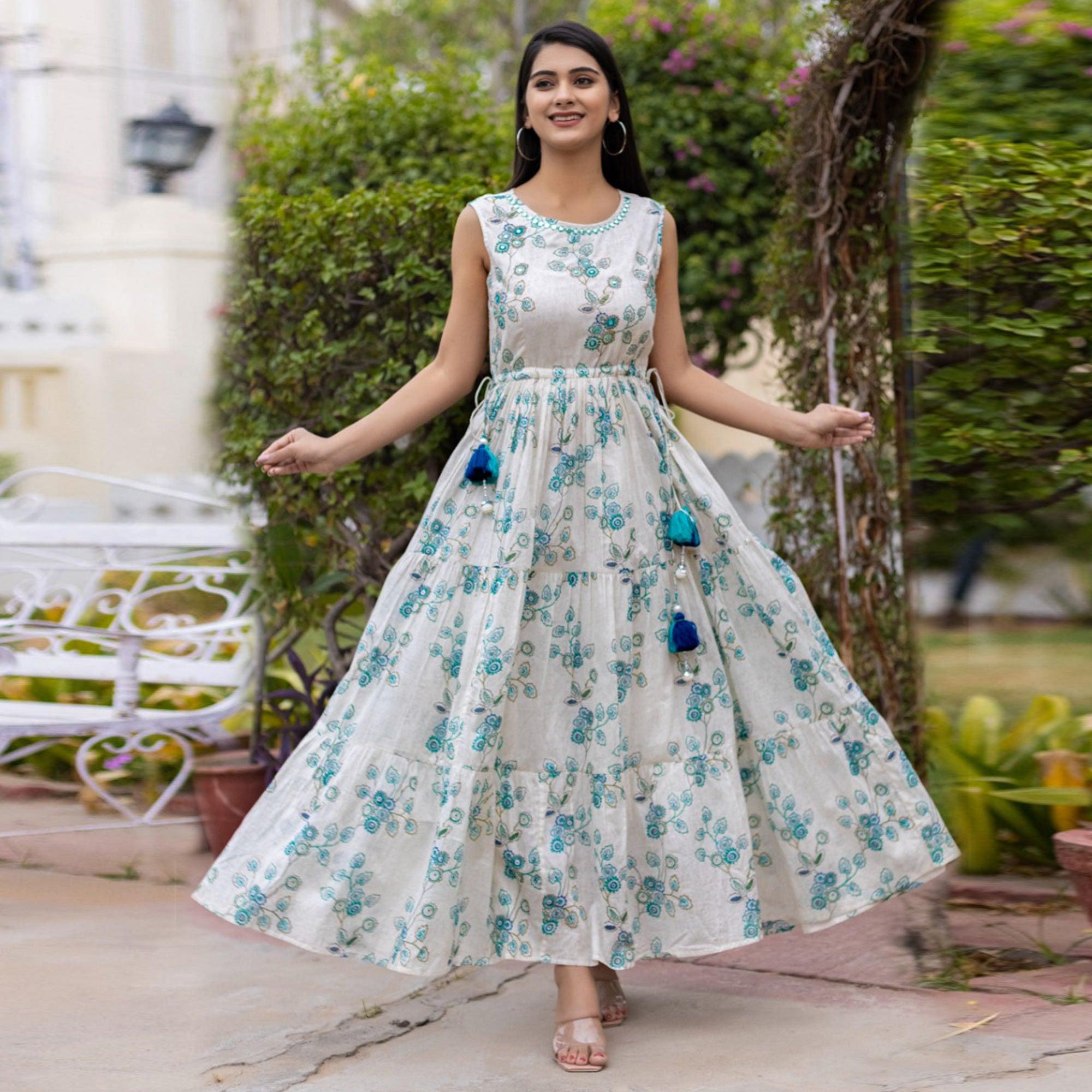 Off White Floral Printed Dress - Peachmode