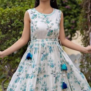 Off White Floral Printed Dress - Peachmode