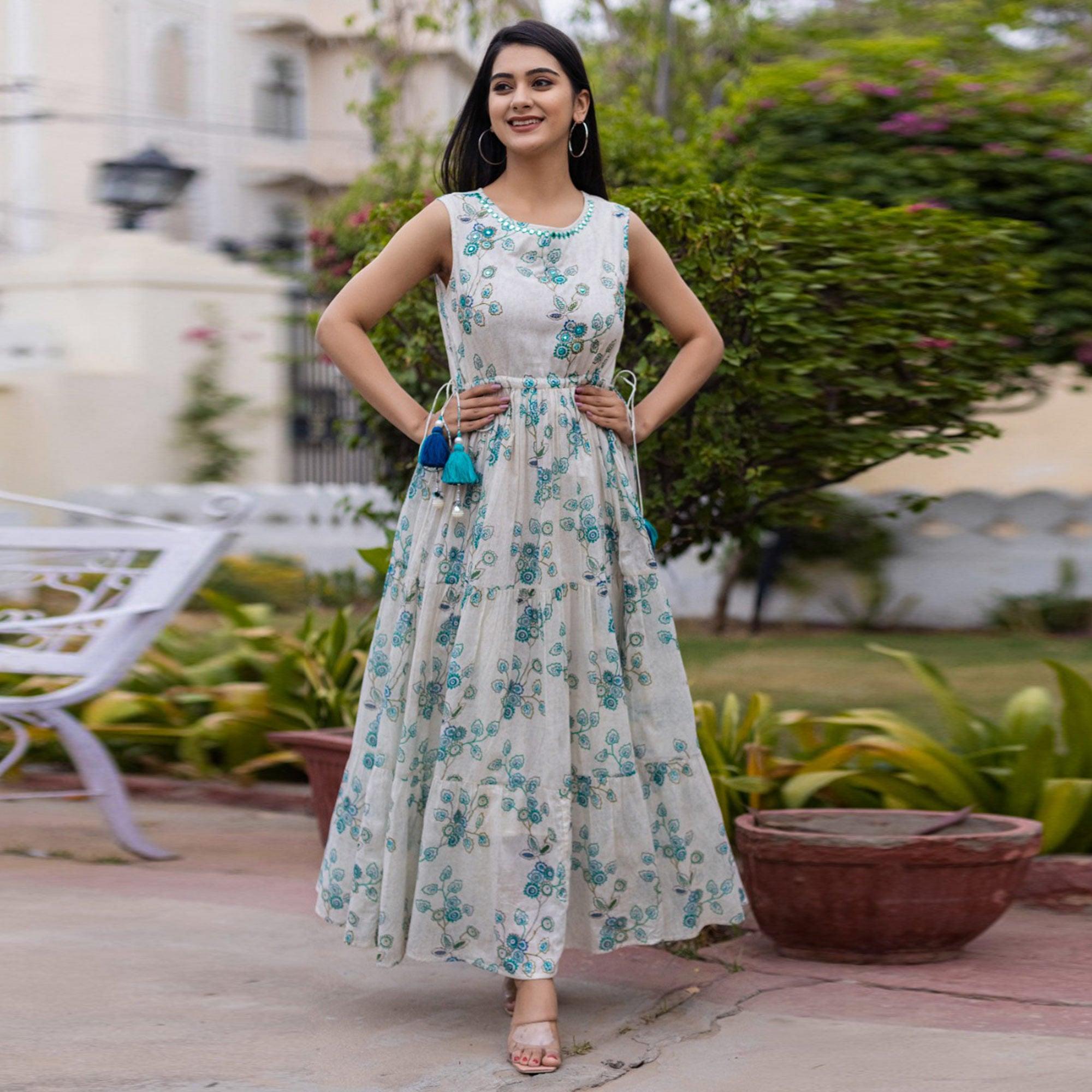 Off White Floral Printed Dress - Peachmode