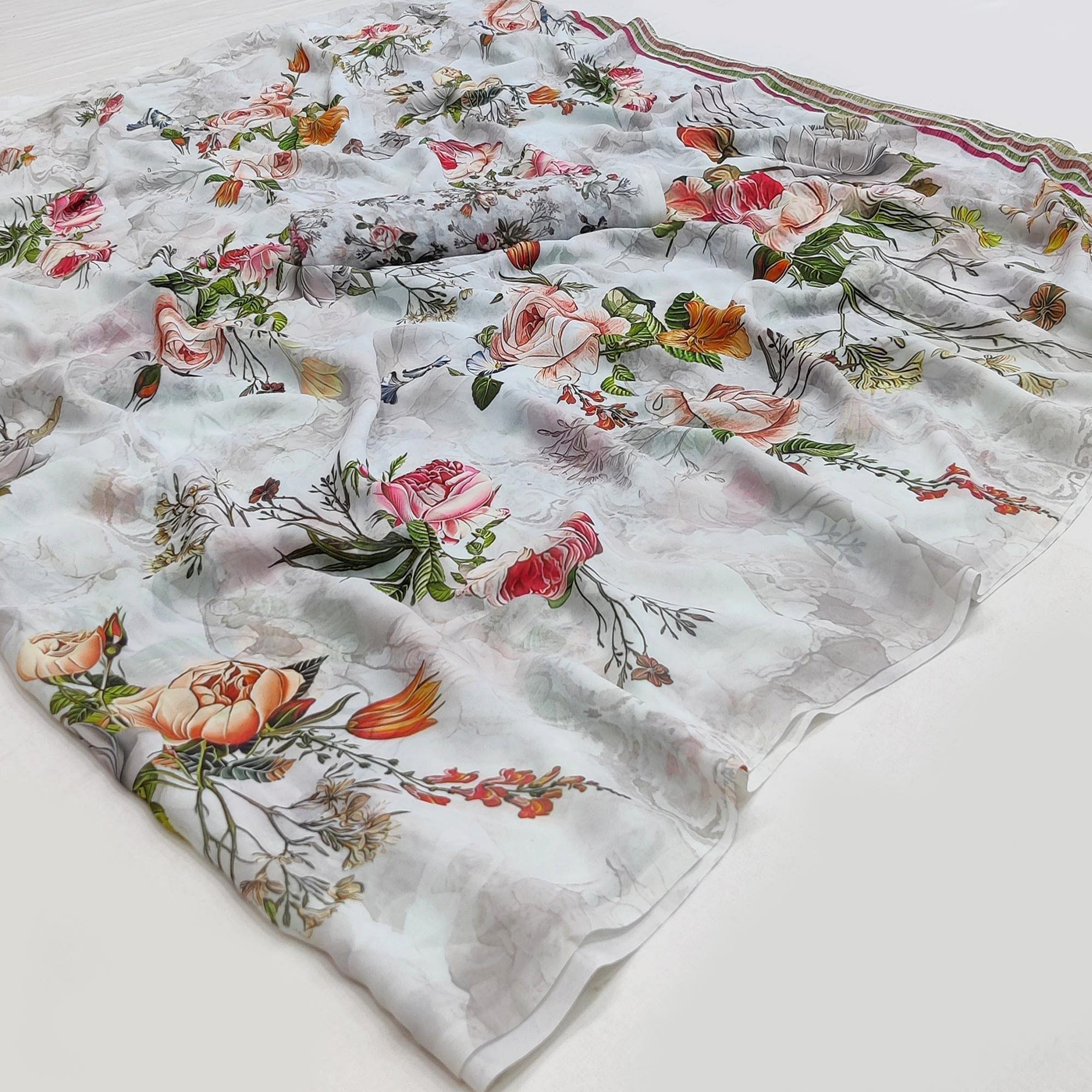 Off White Floral Printed Georgette Saree - Peachmode