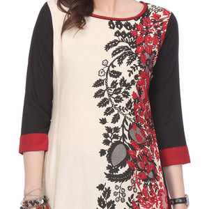 Off White Floral Printed Poly Cotton Kurti - Peachmode