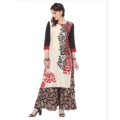 Off White Floral Printed Poly Cotton Kurti - Peachmode
