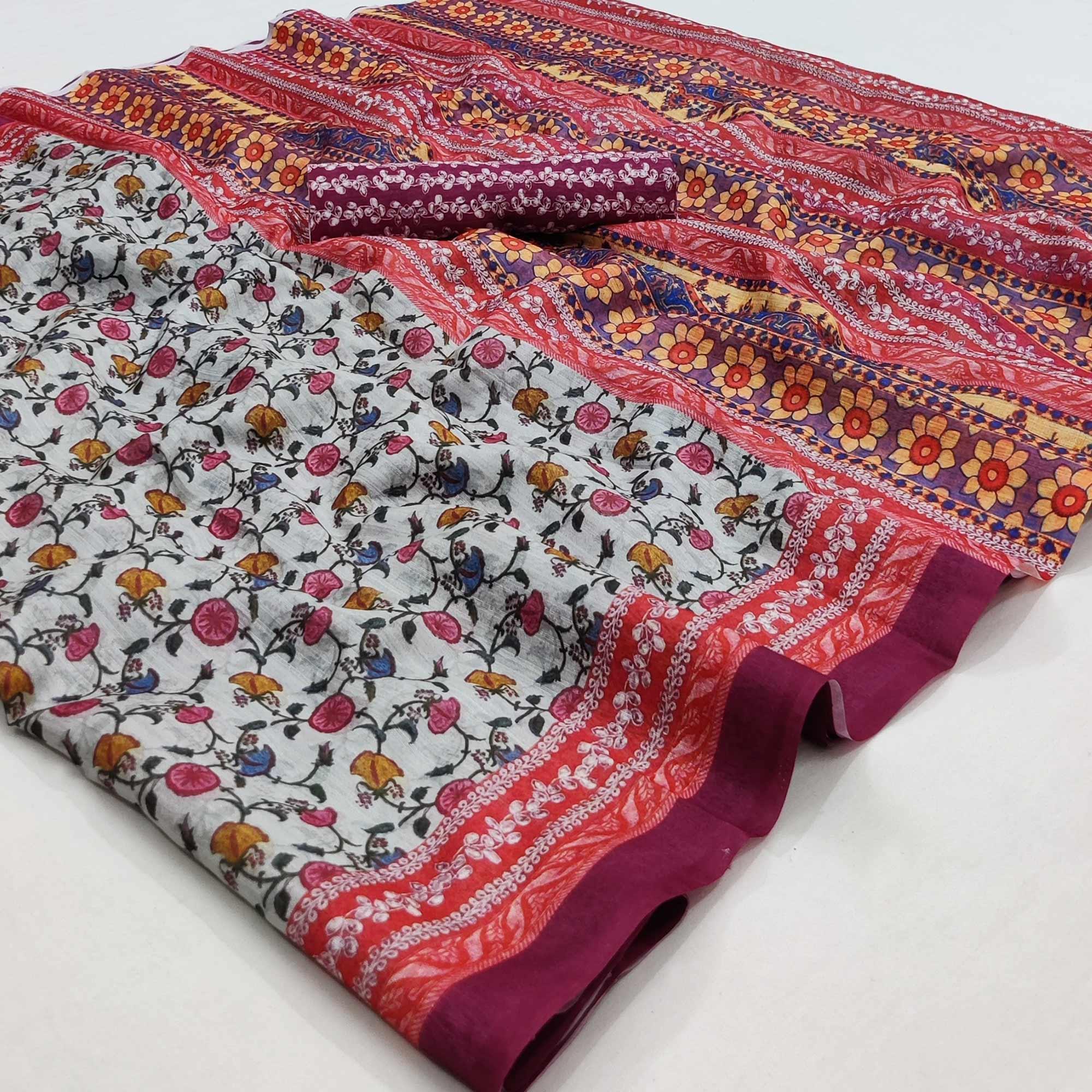 Off-White Floral Printed Pure Cotton Saree - Peachmode