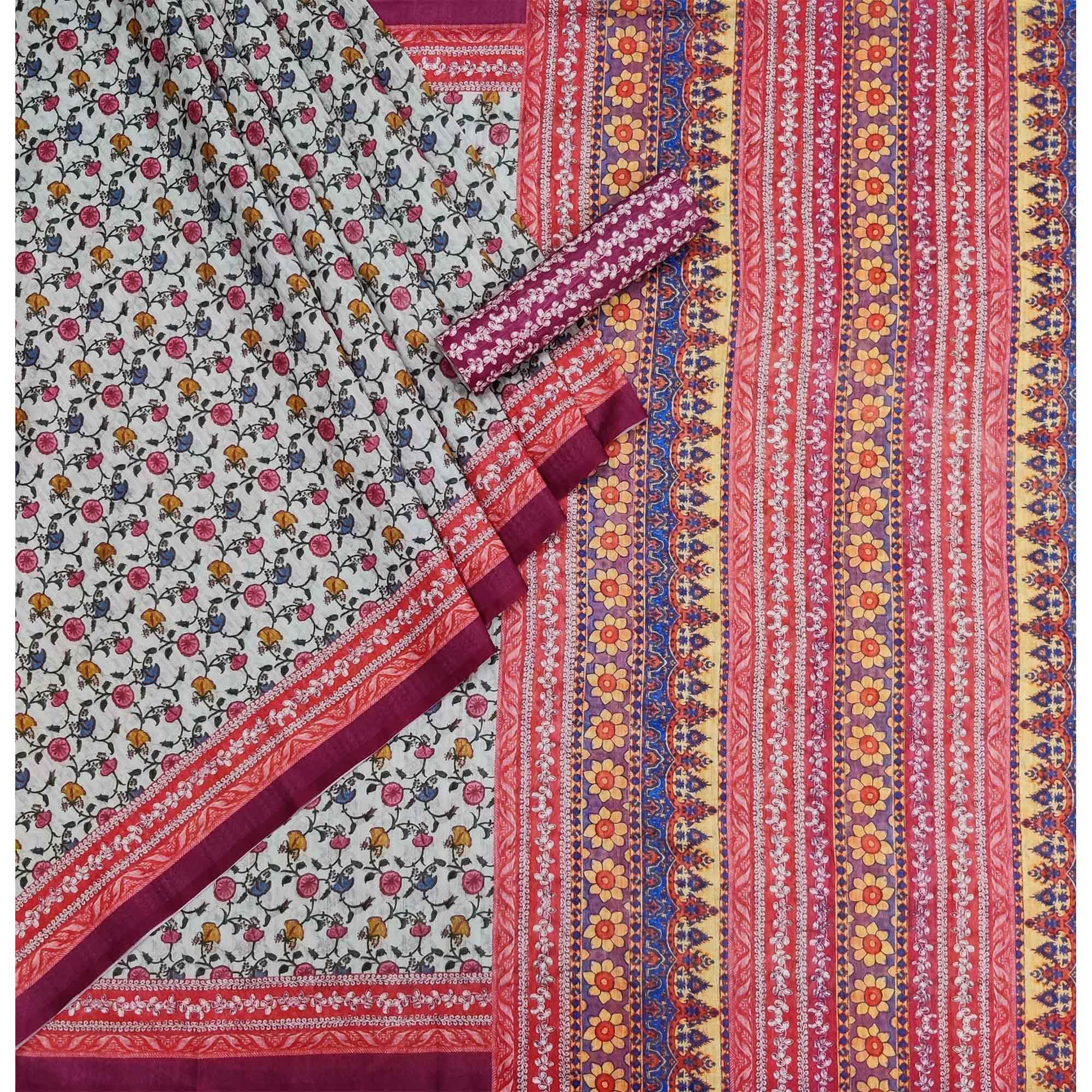 Off-White Floral Printed Pure Cotton Saree - Peachmode