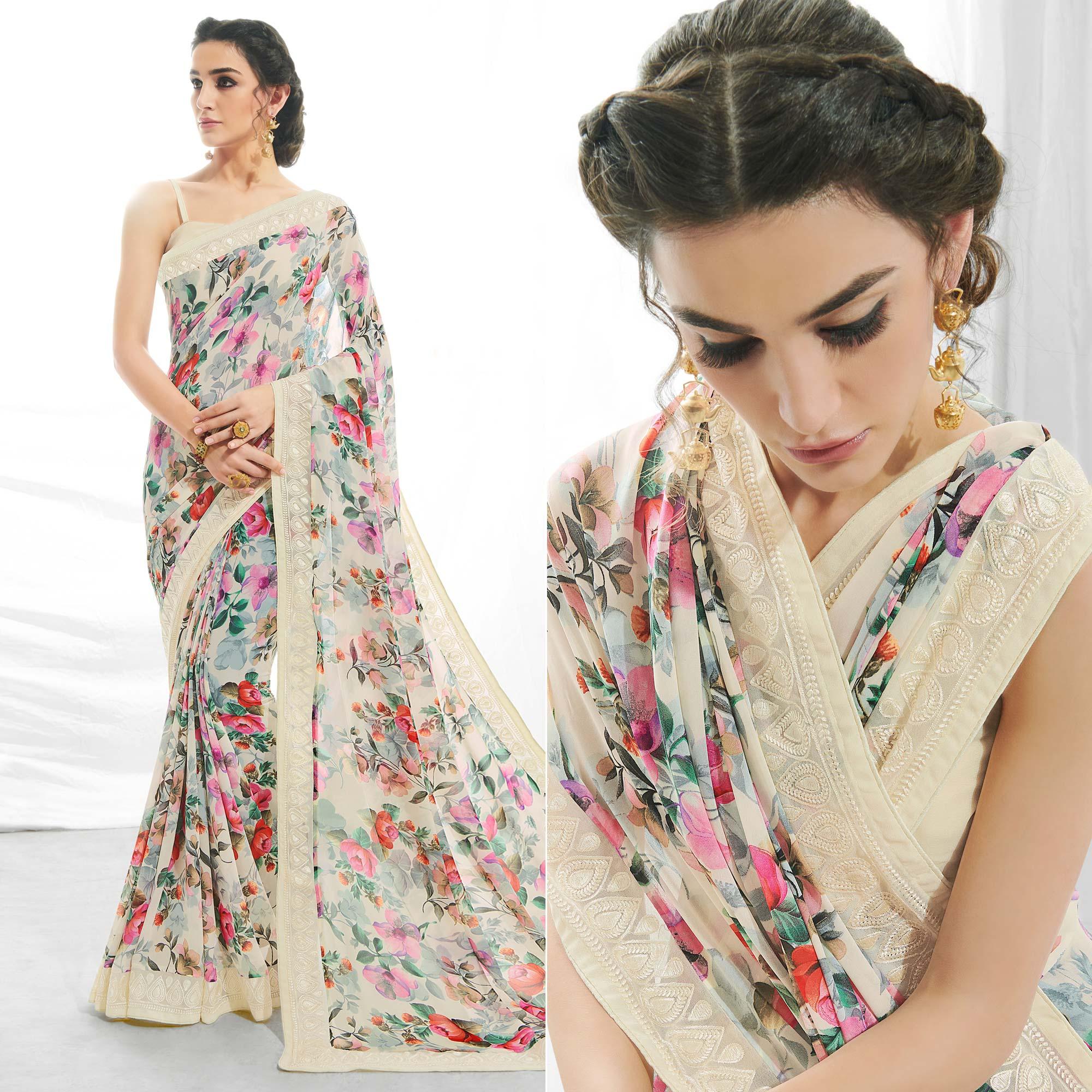 Off White Floral Printed With Embroidered Border Georgette Saree - Peachmode