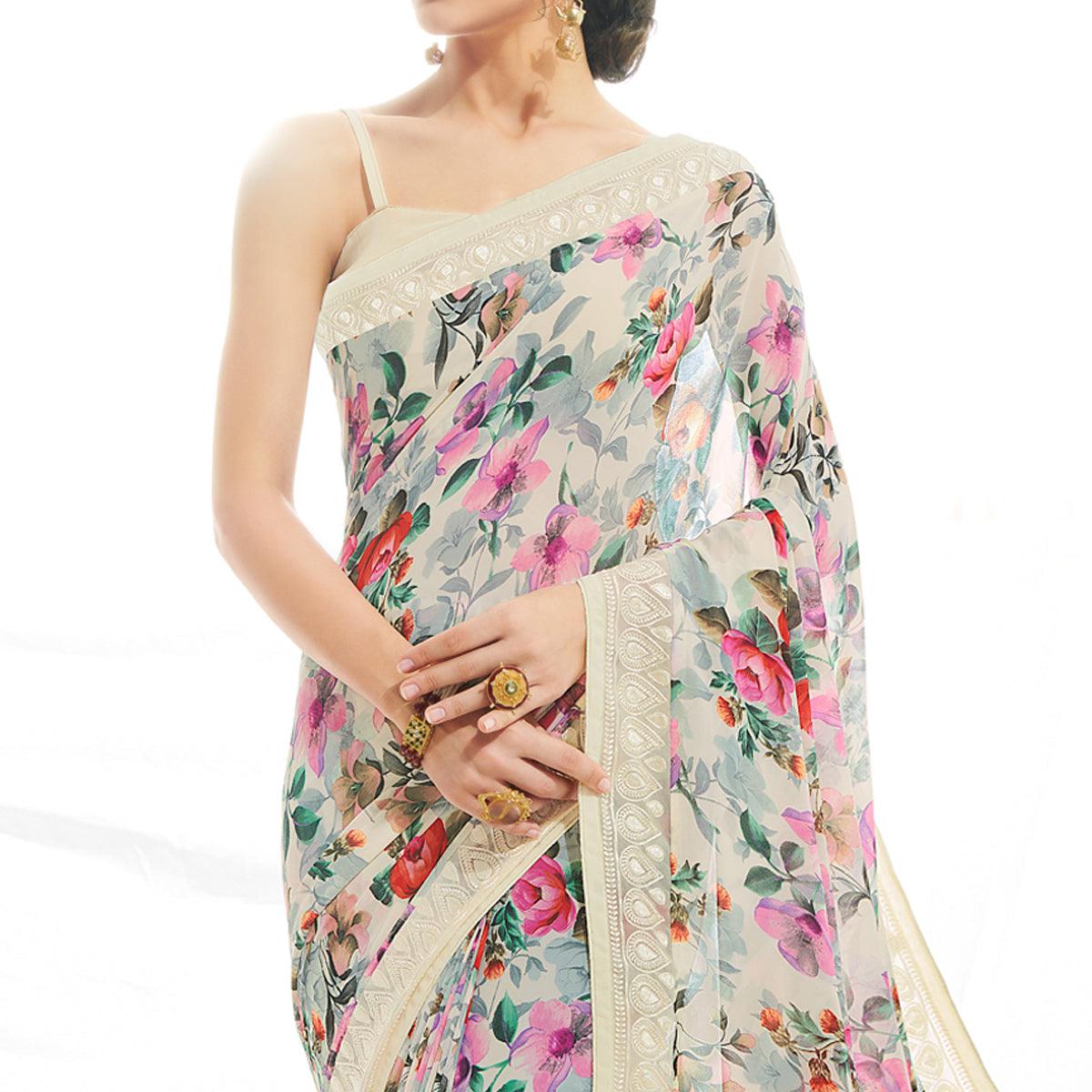 Off White Floral Printed With Embroidered Border Georgette Saree - Peachmode